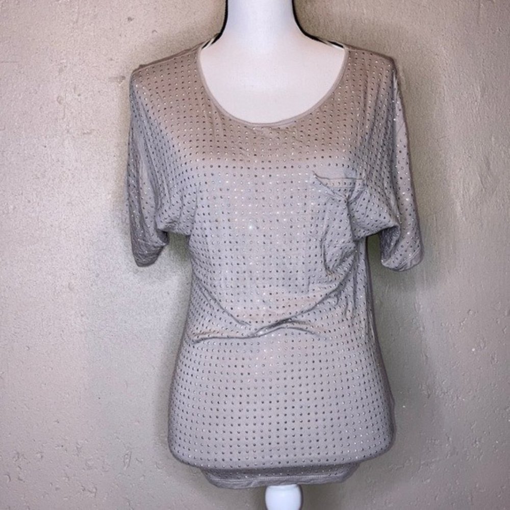 INC Top Shirt Tee Gray S Short Sleeve Small Macys Shiny Metal Polka Dot Front